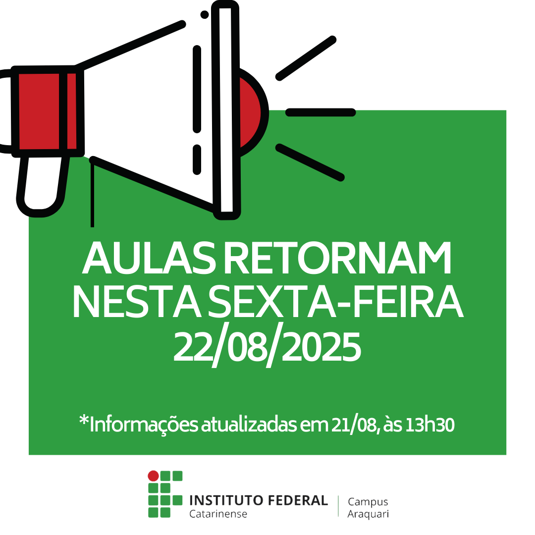 Imagem com ícone de megafone. Aulas retornam nesta sexta-feira 22/082025.