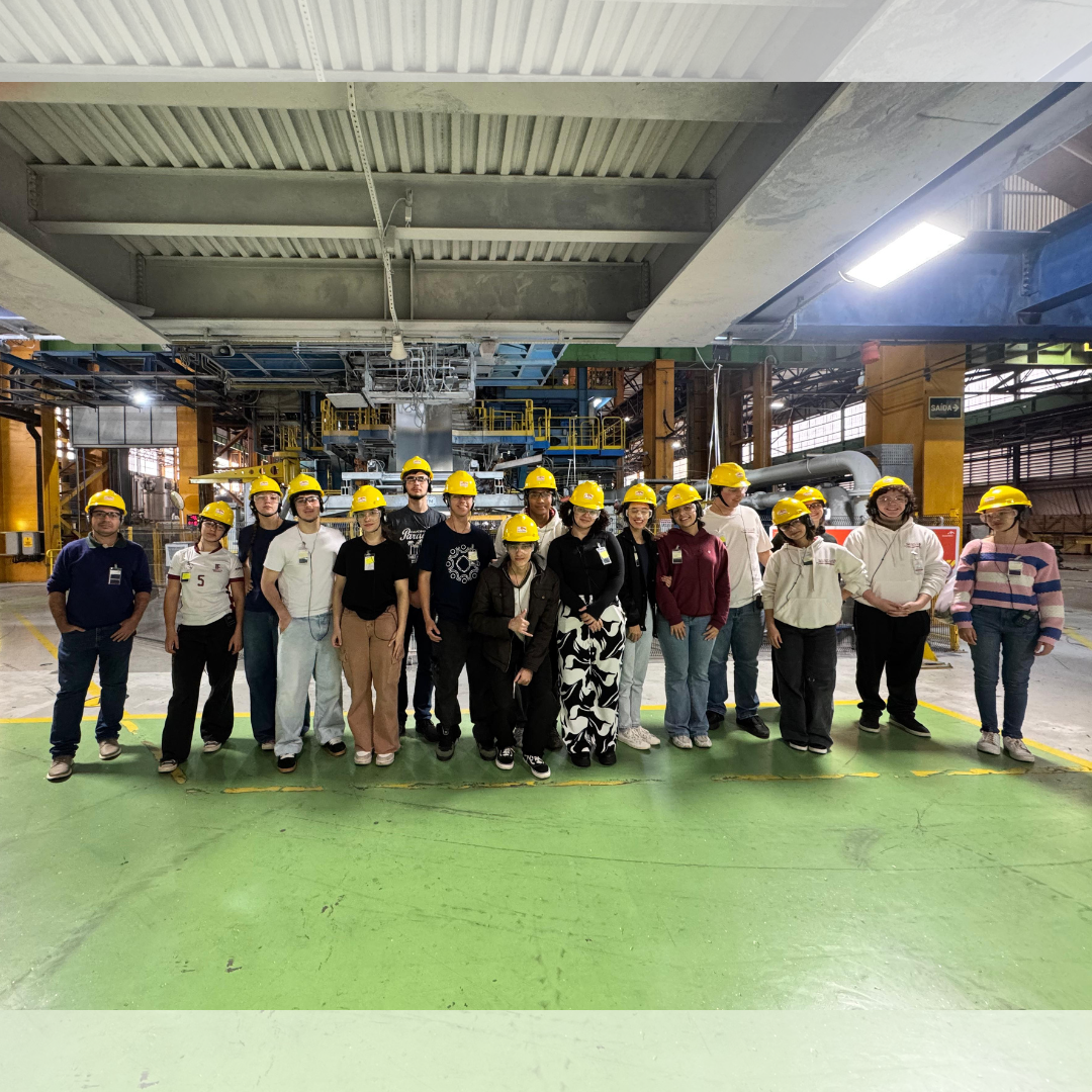 Fotografia dos estudantes e professores, posandopara a foto lado a lado, no interior da empresa. Todos usam capacetes, óculos de proteção e equipamentos de proteção individual.