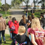 Fotografia externa. Em primeiro plano, o grupo de visitantes está caminhando, de costas para a câmera. Em segundo plano, verifica-se a área aberta do campus, com uma estrada ampla, palmeiras e ao fundo, carros no estacionamento.