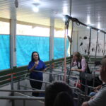 Fotografia na área interna do setor de suinocultura. A monitora explica o funcionamento da unidade aos visitantes. Ao fundo, uma parede com desenhos de leitões.