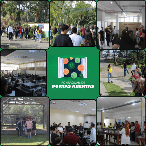 Imagem composta de nove quadros. No quadro central a logomarca do evento IFC Araquari de Portas Abertas. Nos demais quadros constam fotografias que ilustram a relização das visitas no campus., com grupos de visitantes e guias em diferentes ambientes do IFC.