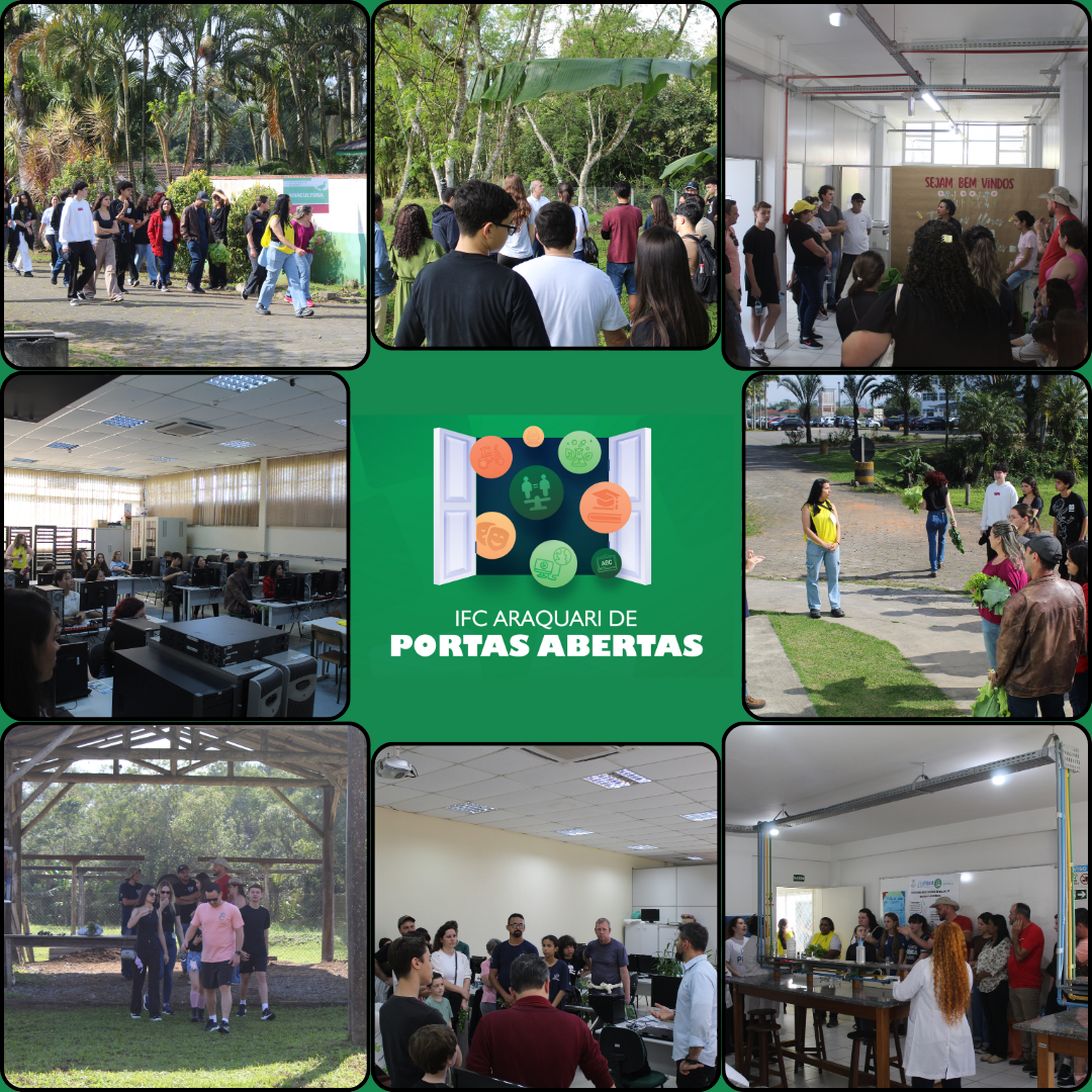 Imagem composta de nove quadros. No quadro central a logomarca do evento IFC Araquari de Portas Abertas. Nos demais quadros constam fotografias que ilustram a relização das visitas no campus., com grupos de visitantes e guias em diferentes ambientes do IFC.