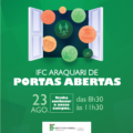 Imagem de divulgação do evento IFC de Portas Abertas. Contém uma ilustração de uma porta aberta por onde passam ícones que representam os cursos do IFC. Abaixo da figura, o texto IFC de Portas Abertas, 23 de agosto, das 8h30 às 11h30, venha conhecer nosso campus.