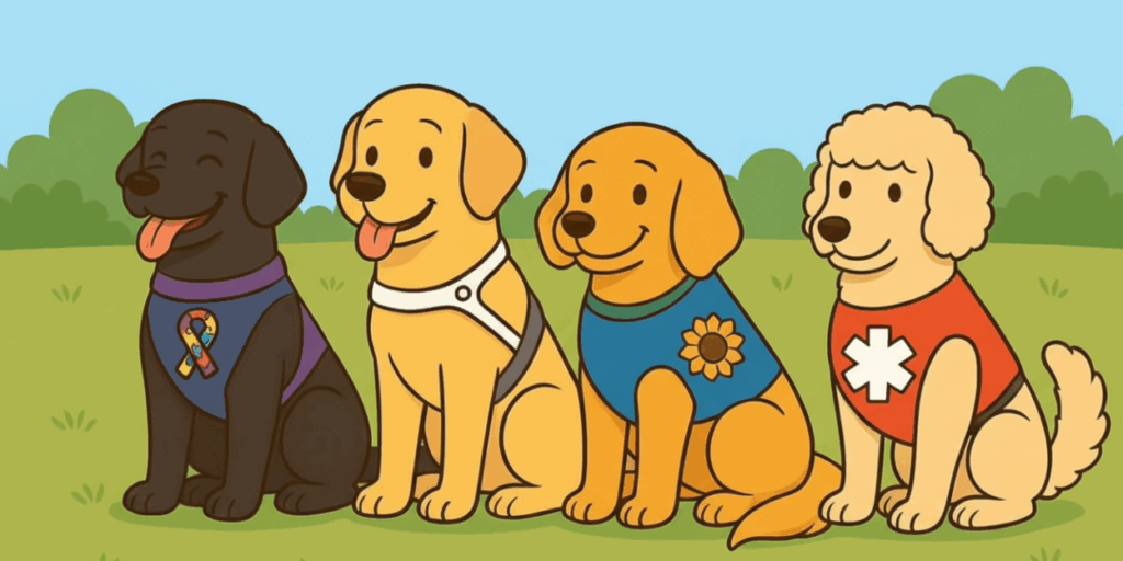 Ilustração de 4 cães de assiststência de diferentes raças, sentados lado a lado, em um gramado  com árvores e céu azul ao findo. Cada cão usa um colete contendo um símbiloto diferente, referente ao tipo de serviço que prestam.